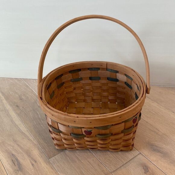 Vintage Basket Woven Wood Slat Hinged Handle Apple Design Green Accent 8.5x10” - Picture 2 of 16